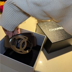 CHANEL Dark Brown Belt with Gold Logo Buckle